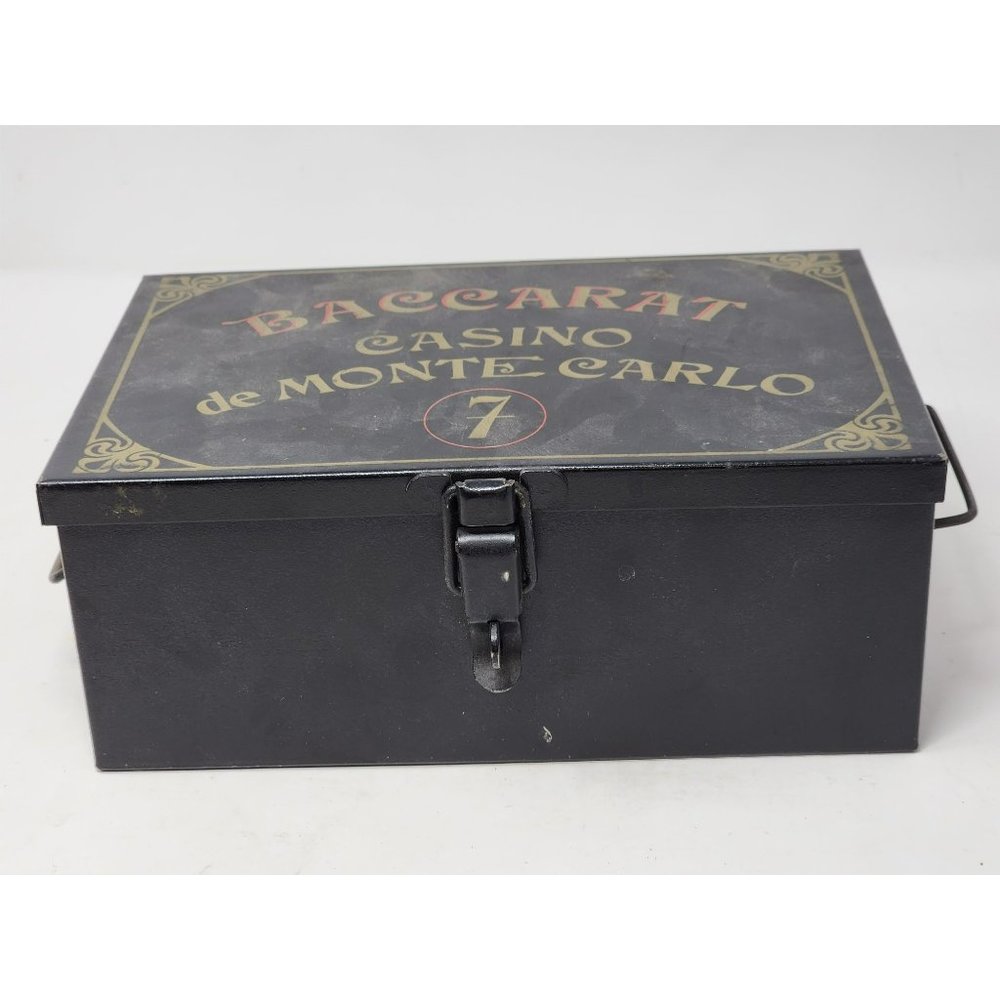 Vintage Baccarat Casino de Monte Carlo 7 Tin Box Handles‎ & Lock Black Gold